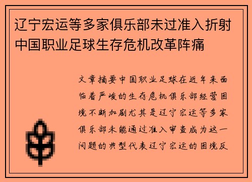 辽宁宏运等多家俱乐部未过准入折射中国职业足球生存危机改革阵痛 辽宁宏运等多家俱乐部未过准入折射中国职业足球生存危机改革阵痛